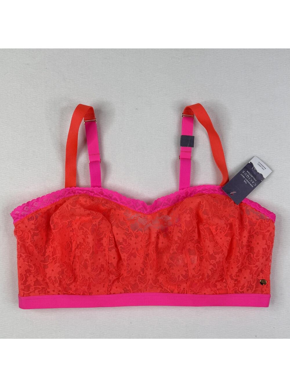 Cacique Bra Womens 40F Orange Pink Lace Unlined Bandeau Sheer Plus Size NEW